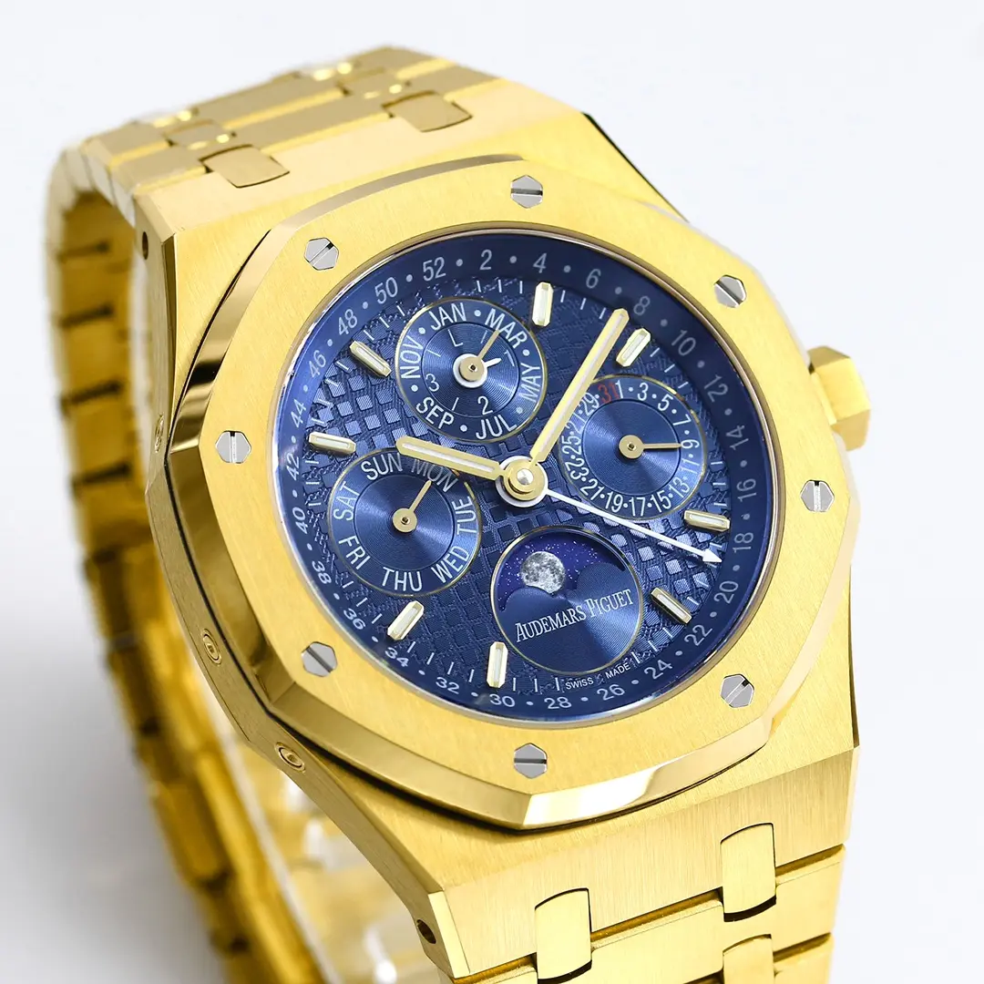 WeatherProof TWA Factory Audemars Piguet Royal Oak Perpetual Calendar Blue Dial Yellow Gold Super Clone Luxury Watch 7813