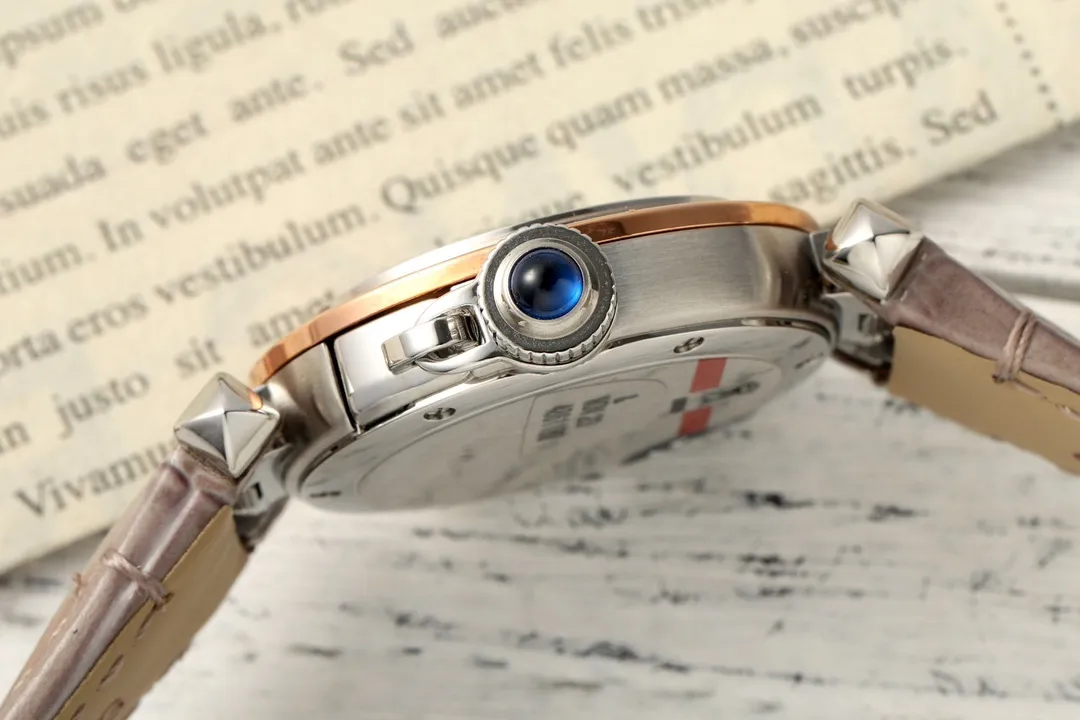 Affordable AF Factory Cartier Pasha de Cartier Women’s Watch in Rose Gold Tone with White Dial, Blue Hands, and Taupe Alligator Leather Strap 5401