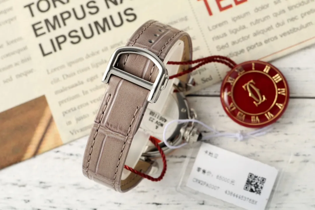 Affordable AF Factory Cartier Pasha de Cartier Women’s Watch in Rose Gold Tone with White Dial, Blue Hands, and Taupe Alligator Leather Strap 5401