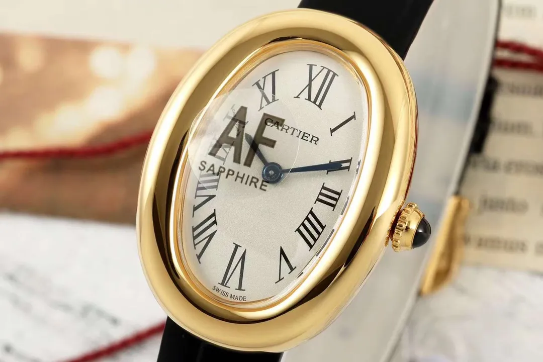 Cartier Baignoire Yellow Gold Oval Women’s Watch with White Dial, Roman Numerals, Black Leather Strap, and Sapphire Cabochon Crown WrinkleFree 2831