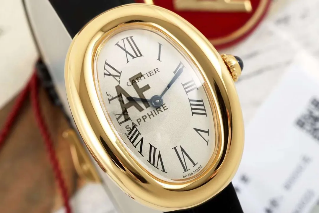 Cartier Baignoire Yellow Gold Oval Women’s Watch with White Dial, Roman Numerals, Black Leather Strap, and Sapphire Cabochon Crown WrinkleFree 2831