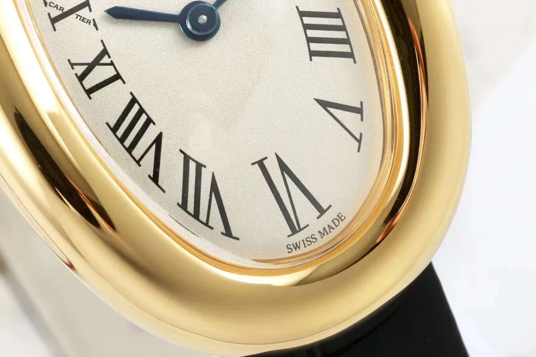 Cartier Baignoire Yellow Gold Oval Women’s Watch with White Dial, Roman Numerals, Black Leather Strap, and Sapphire Cabochon Crown WrinkleFree 2831