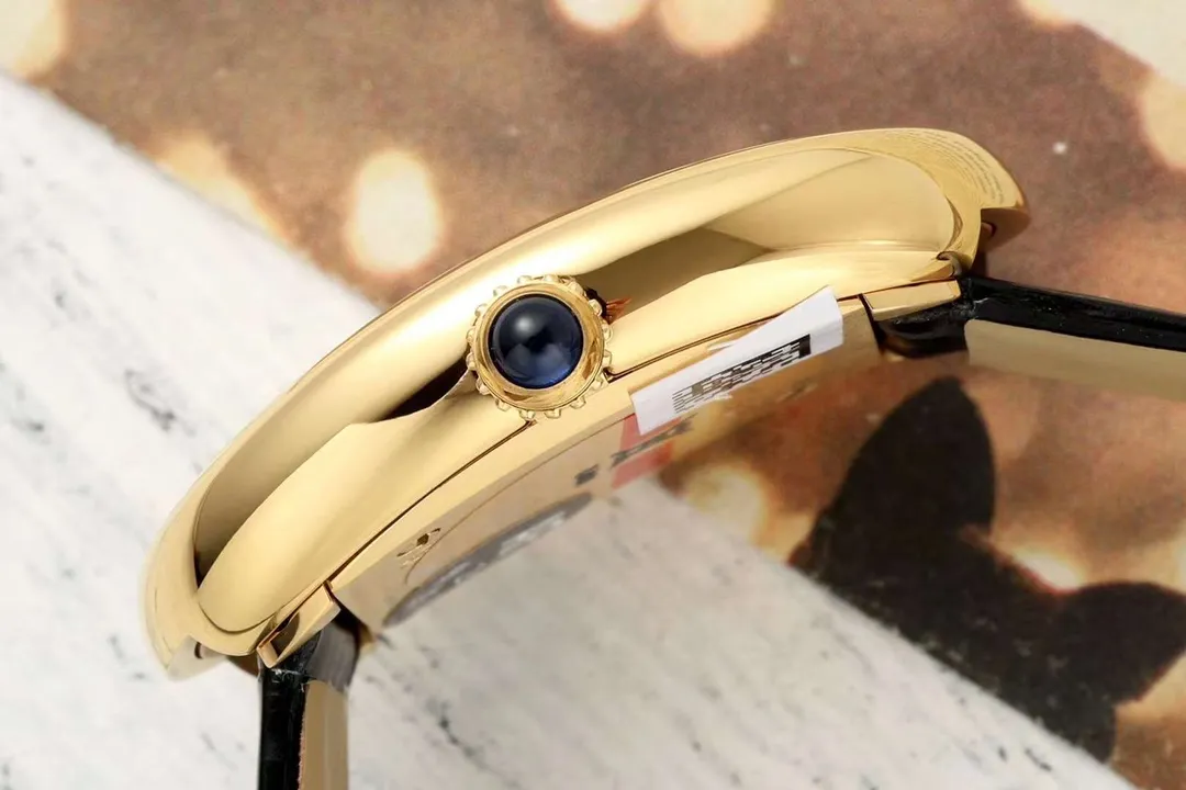 Cartier Baignoire Yellow Gold Oval Women’s Watch with White Dial, Roman Numerals, Black Leather Strap, and Sapphire Cabochon Crown WrinkleFree 2831