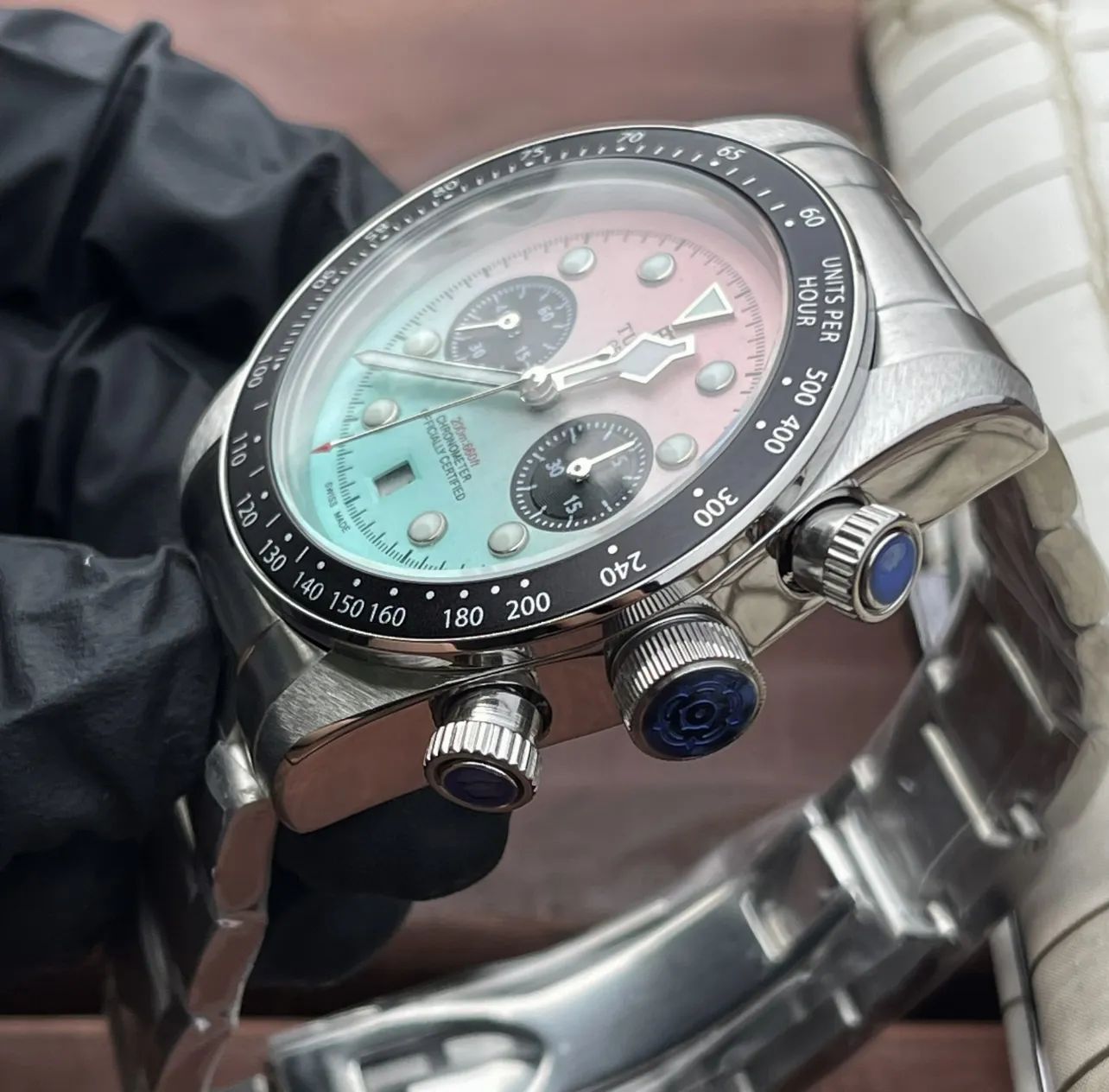 WrinkleFree Tudor Black Bay Chrono Gradient Pink-to-Blue Dial Stainless Steel Bracelet Men’s Chronograph Watch 4288