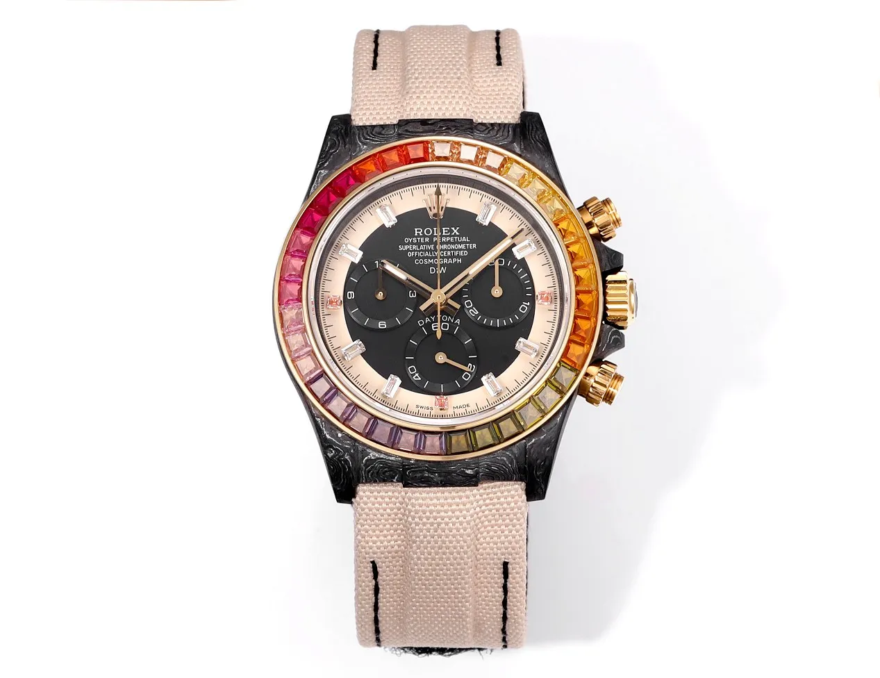 Rolex Daytona Custom Carbon Fiber Night Glow Case Watch – Black with Rainbow Bezel, Beige Strap by VSF Watches Official Minimalist 50
