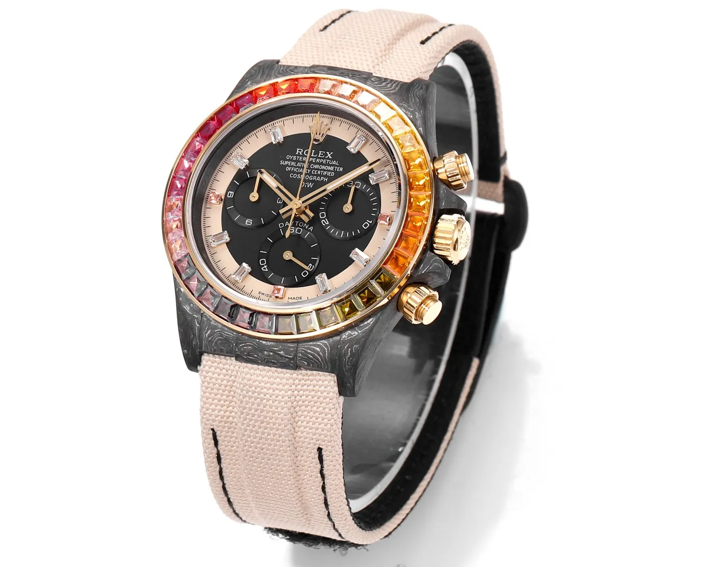 Rolex Daytona Custom Carbon Fiber Night Glow Case Watch – Black with Rainbow Bezel, Beige Strap by VSF Watches Official Minimalist 50