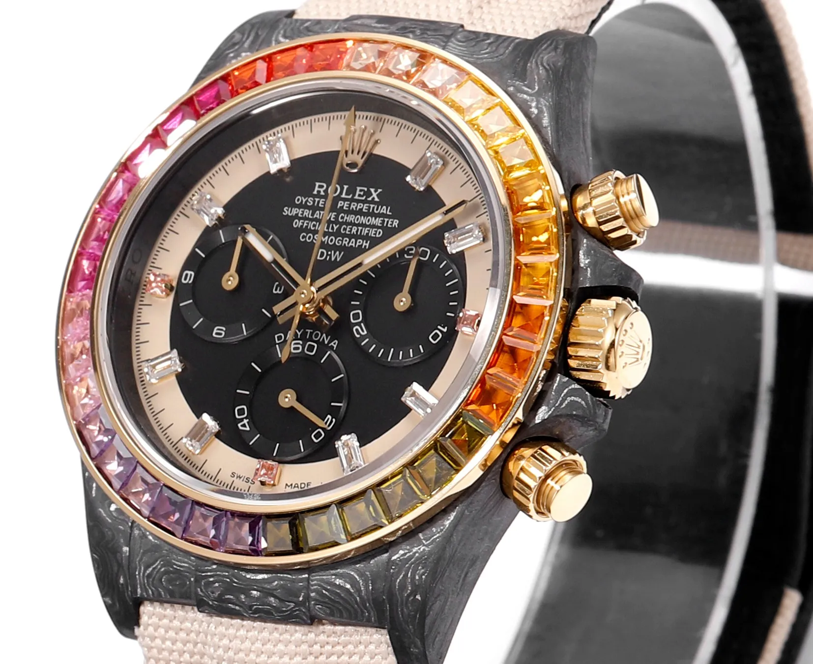 Rolex Daytona Custom Carbon Fiber Night Glow Case Watch – Black with Rainbow Bezel, Beige Strap by VSF Watches Official Minimalist 50