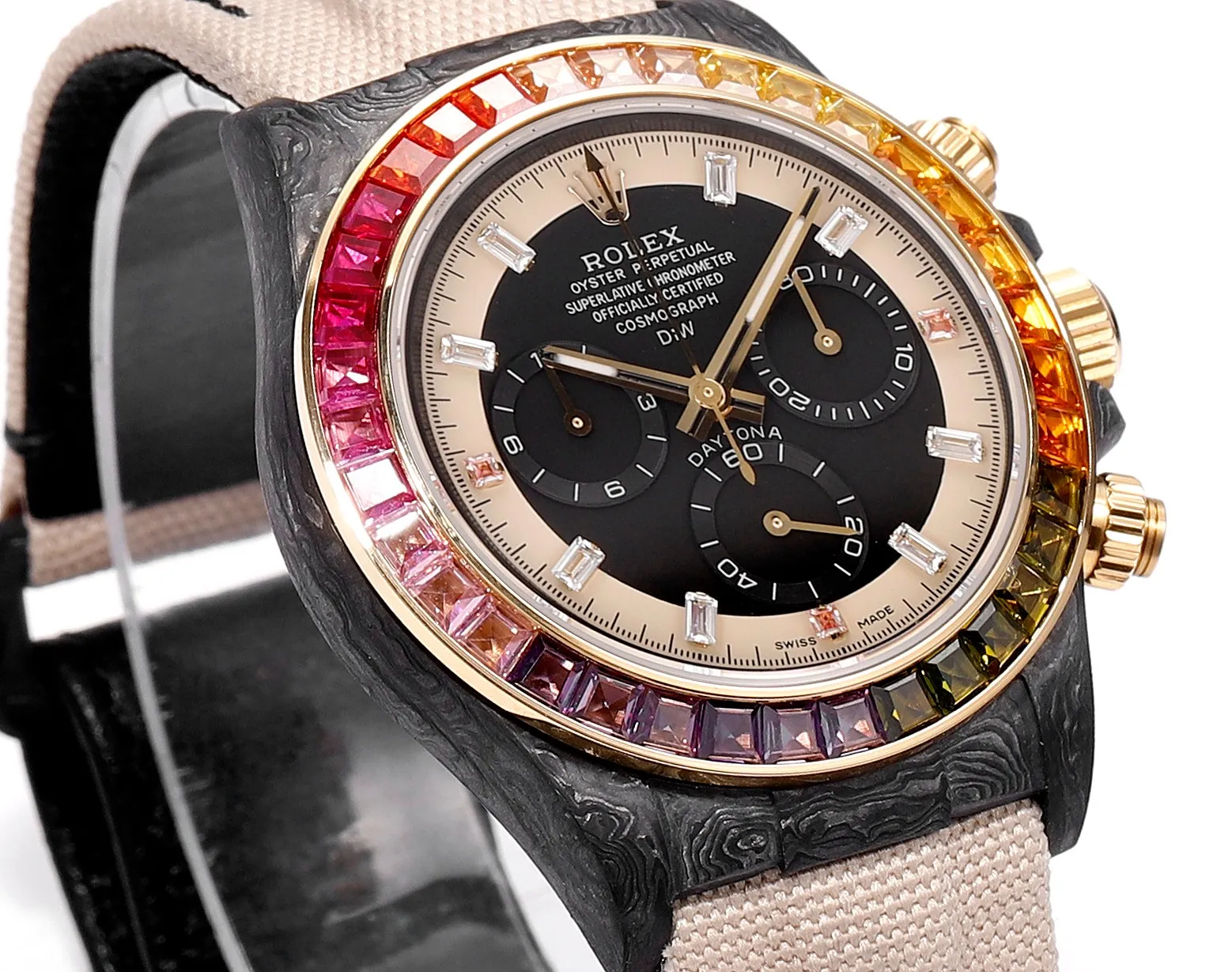 Rolex Daytona Custom Carbon Fiber Night Glow Case Watch – Black with Rainbow Bezel, Beige Strap by VSF Watches Official Minimalist 50
