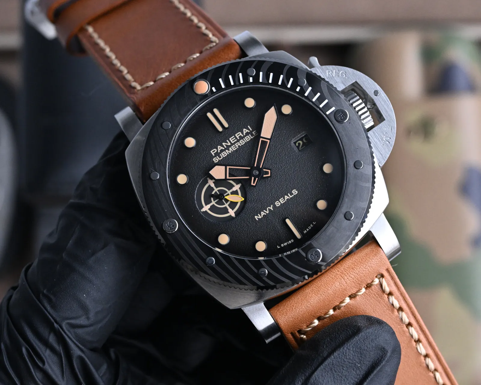 Lightweight Panerai Luminor Submersible Navy Seals Black Dial Brown Leather Strap Men’s Diver Watch 816