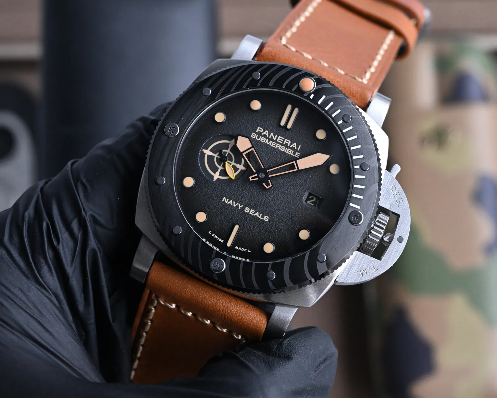 Lightweight Panerai Luminor Submersible Navy Seals Black Dial Brown Leather Strap Men’s Diver Watch 816