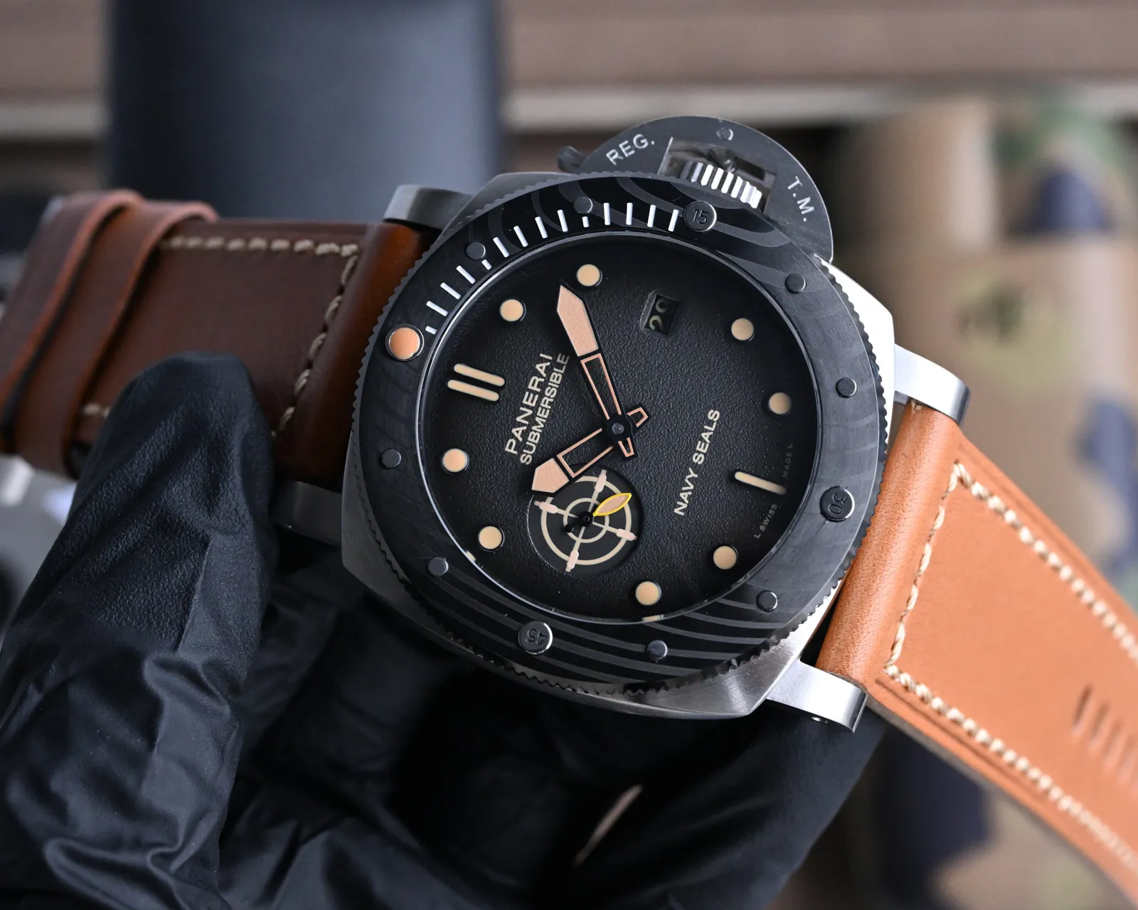 Lightweight Panerai Luminor Submersible Navy Seals Black Dial Brown Leather Strap Men’s Diver Watch 816