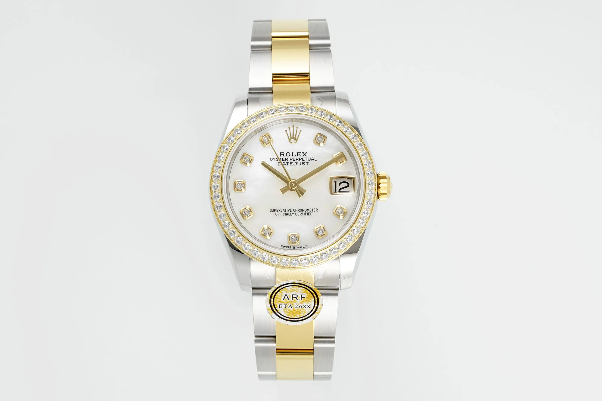 AR Factory Rolex Lady-Datejust 28mm White Mother-of-Pearl Dial Diamond Bezel Two-Tone Stainless Steel and Yellow Gold Oyster Bracelet Watch Sporty 159