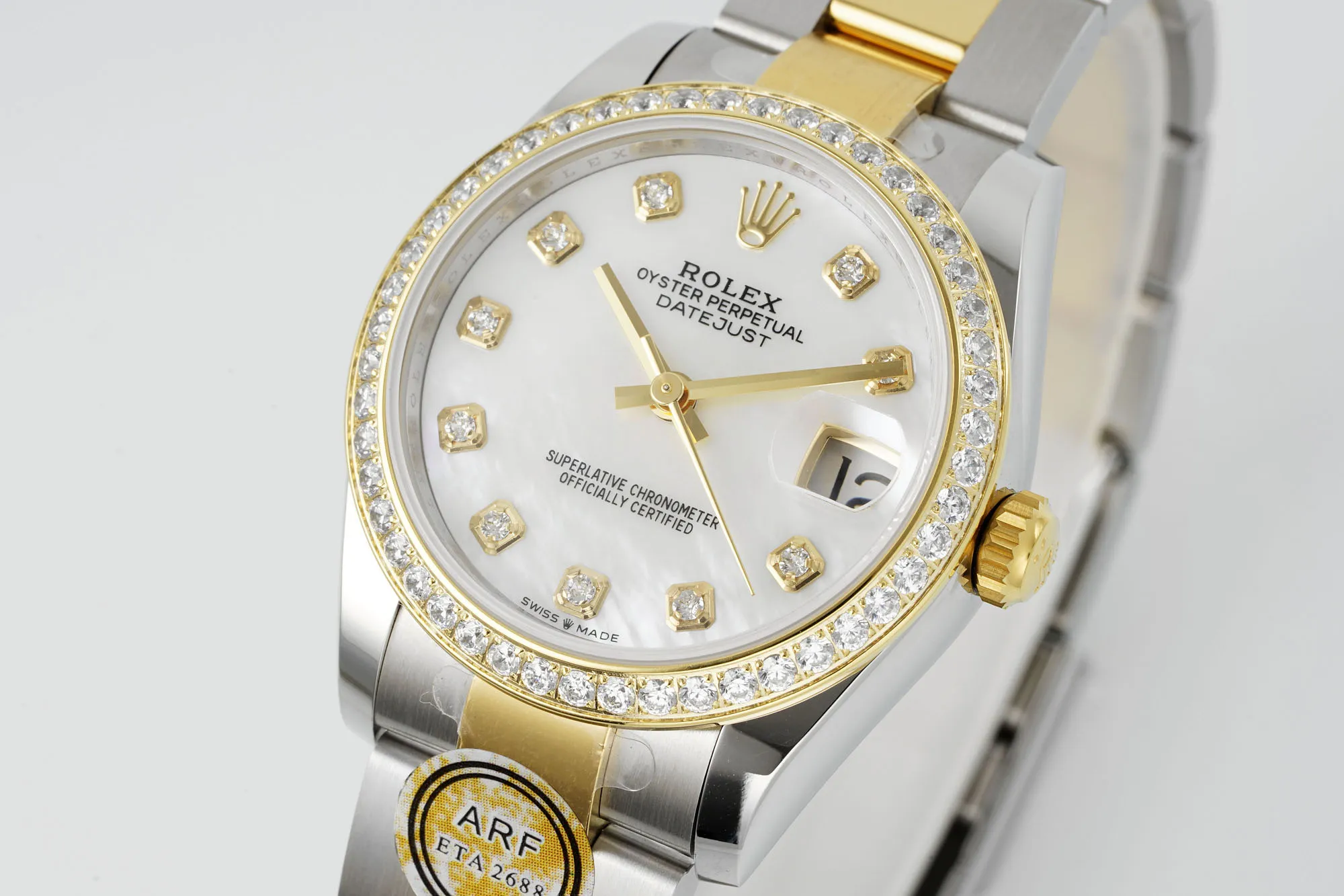 AR Factory Rolex Lady-Datejust 28mm White Mother-of-Pearl Dial Diamond Bezel Two-Tone Stainless Steel and Yellow Gold Oyster Bracelet Watch Sporty 159