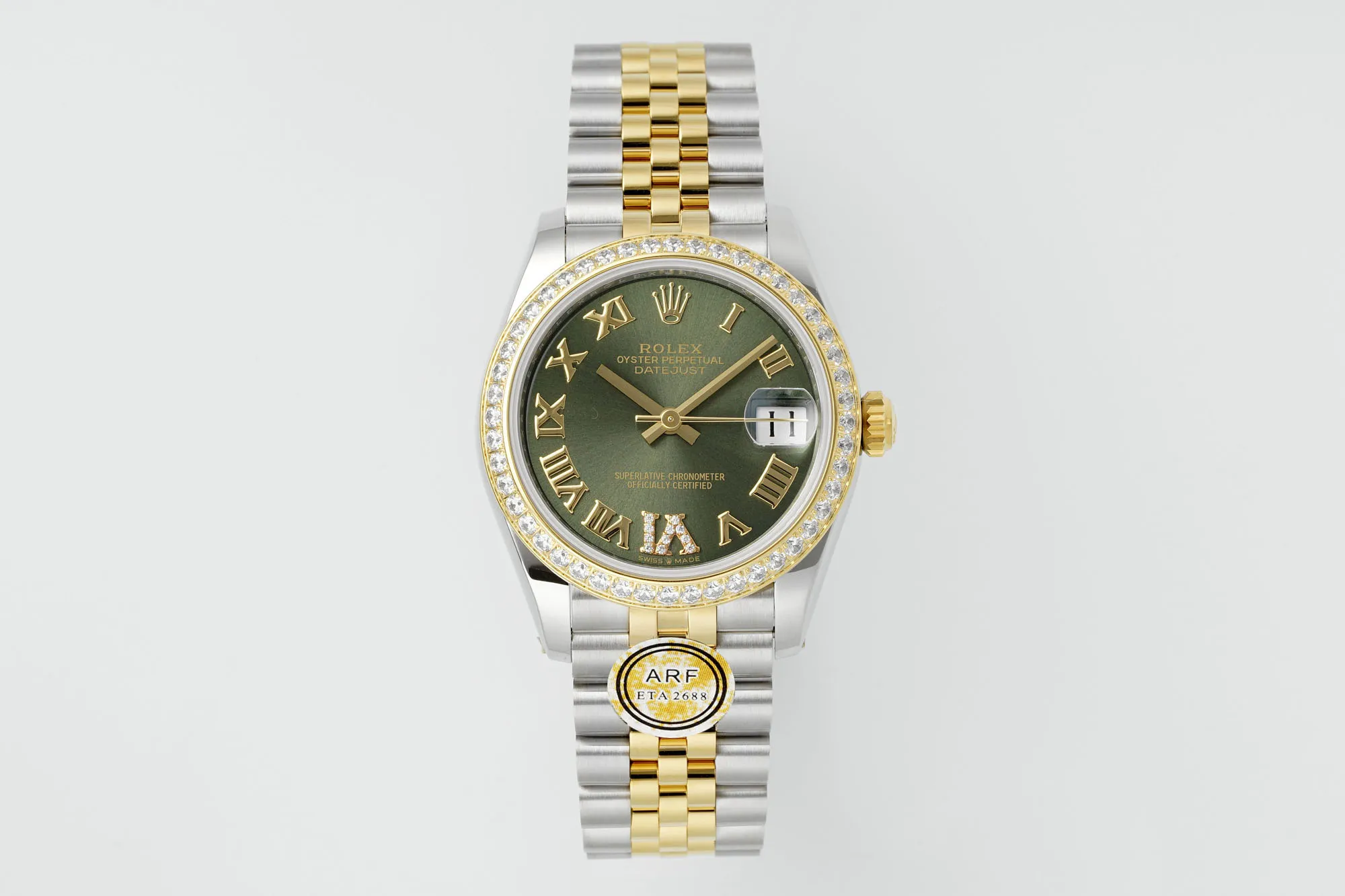 HighPerformance AR Factory Rolex Datejust 31mm Olive Green Roman Numeral Dial Diamond Bezel Two-Tone Yellow Gold & Stainless Steel Jubilee Bracelet Ladies Watch 4904