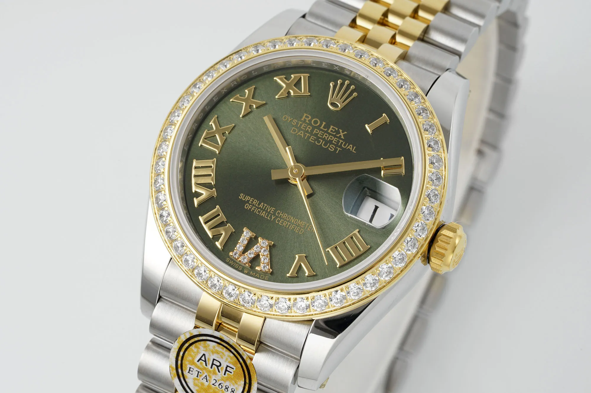 HighPerformance AR Factory Rolex Datejust 31mm Olive Green Roman Numeral Dial Diamond Bezel Two-Tone Yellow Gold & Stainless Steel Jubilee Bracelet Ladies Watch 4904