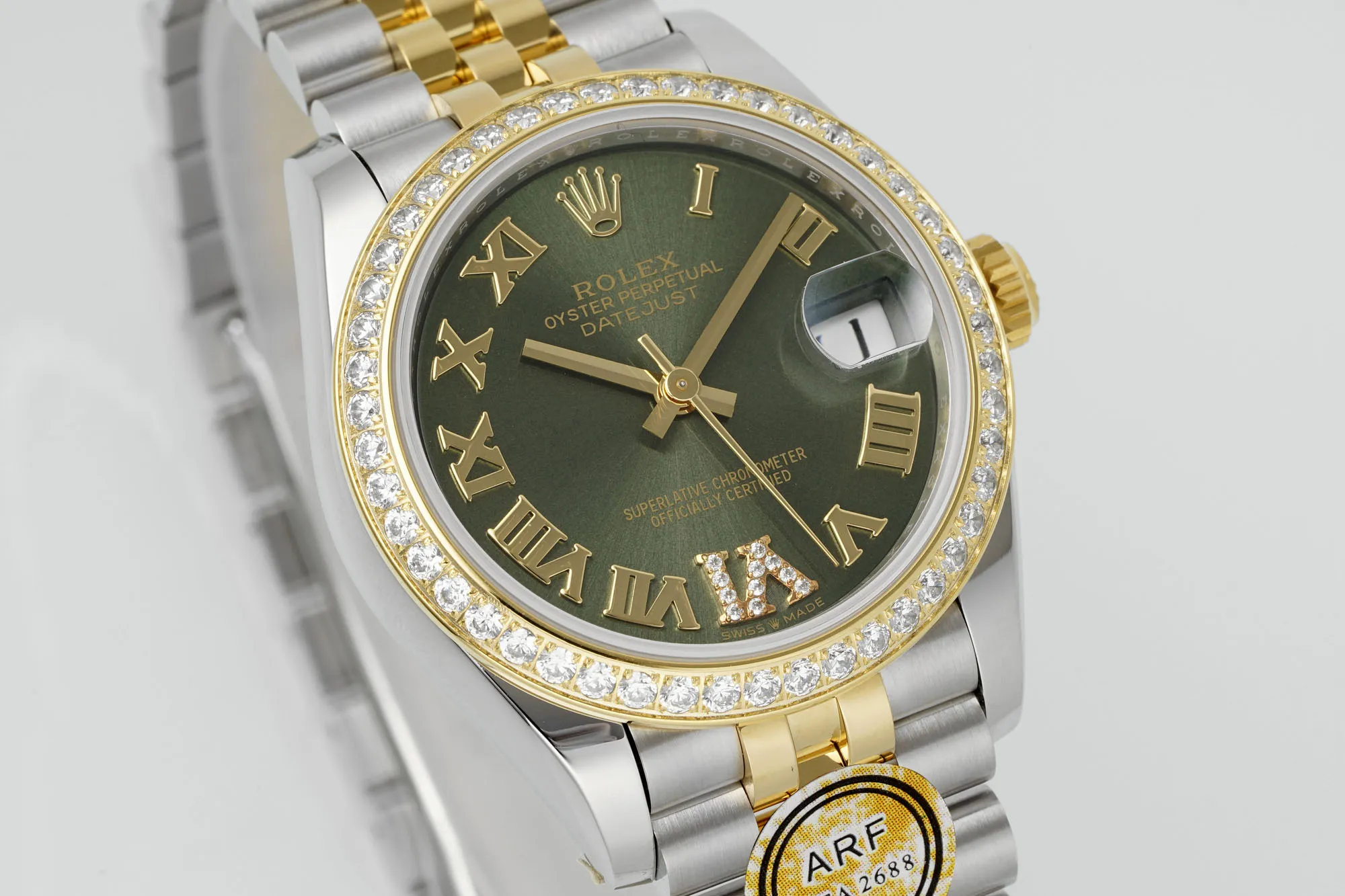 HighPerformance AR Factory Rolex Datejust 31mm Olive Green Roman Numeral Dial Diamond Bezel Two-Tone Yellow Gold & Stainless Steel Jubilee Bracelet Ladies Watch 4904
