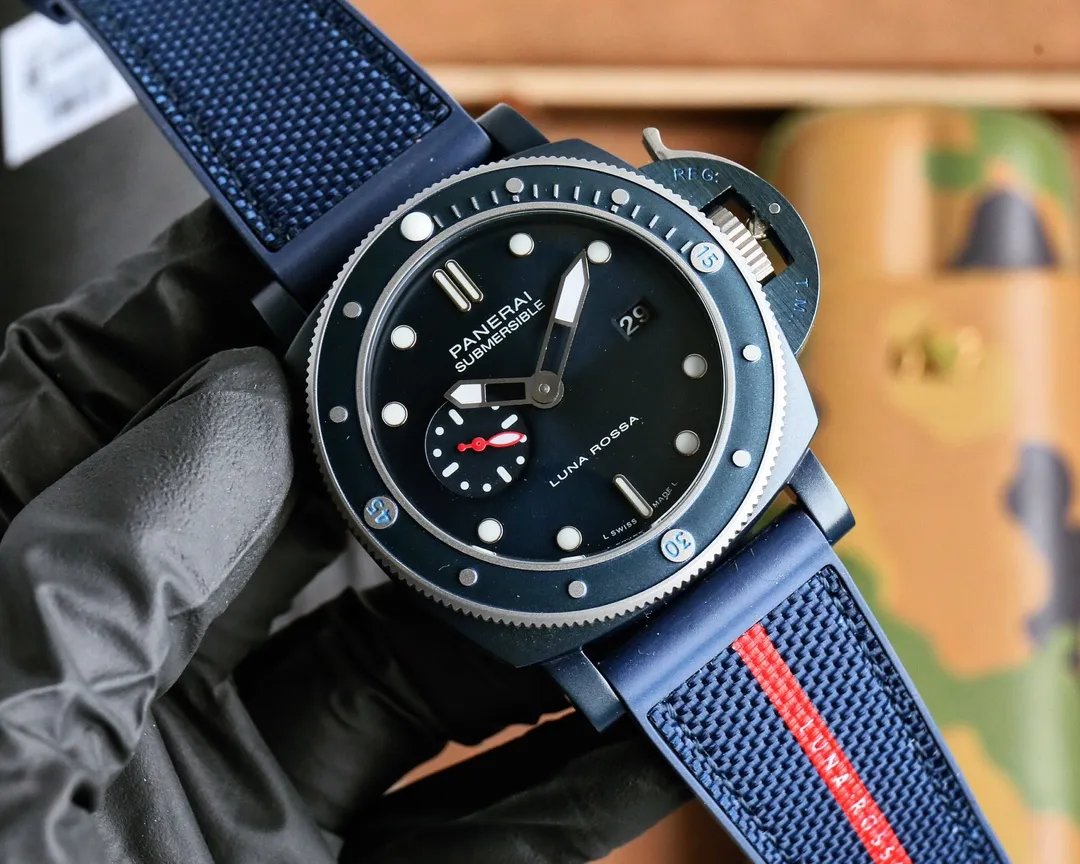 Panerai Submersible Luna Rossa Blue Dial Navy Blue Fabric Strap with Red Stripe Men’s Dive Watch Modern 784