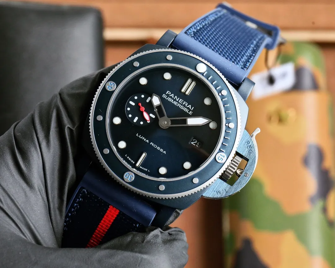 Panerai Submersible Luna Rossa Blue Dial Navy Blue Fabric Strap with Red Stripe Men’s Dive Watch Modern 784