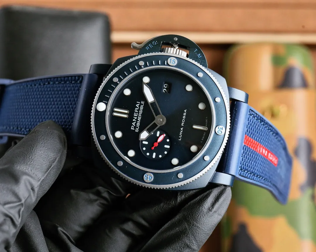 Panerai Submersible Luna Rossa Blue Dial Navy Blue Fabric Strap with Red Stripe Men’s Dive Watch Modern 784