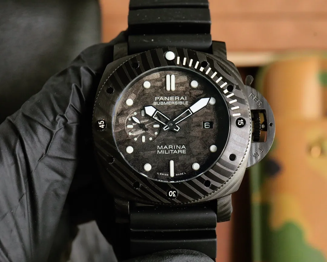Lightweight Panerai Submersible Marina Militare Carbotech Black Dial Automatic Dive Watch with Rubber Strap 783