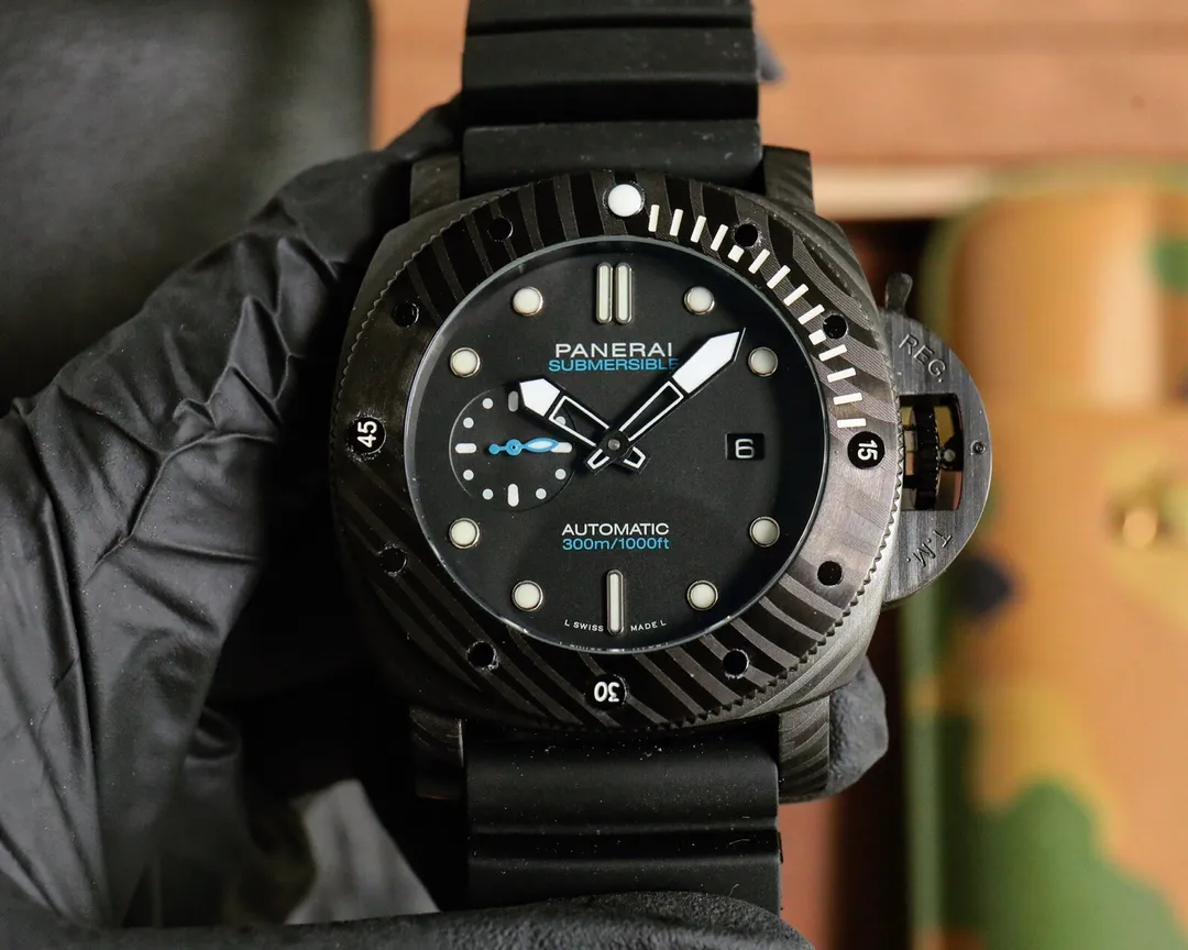 Lightweight Panerai Submersible Marina Militare Carbotech Black Dial Automatic Dive Watch with Rubber Strap 783