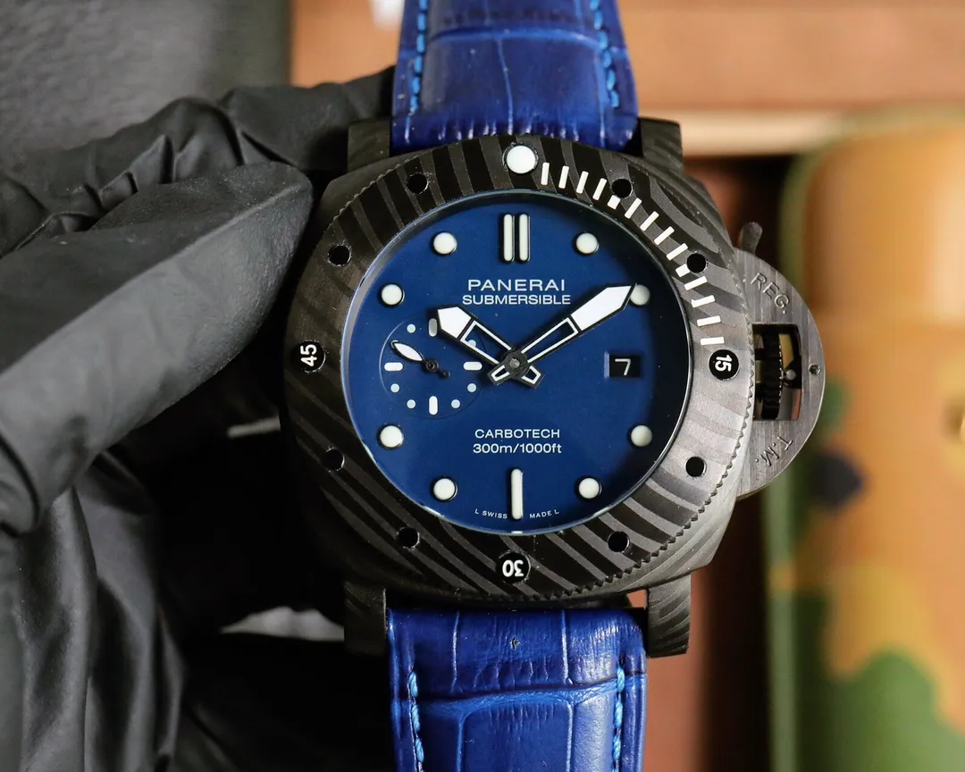 Lightweight Panerai Submersible Marina Militare Carbotech Black Dial Automatic Dive Watch with Rubber Strap 783
