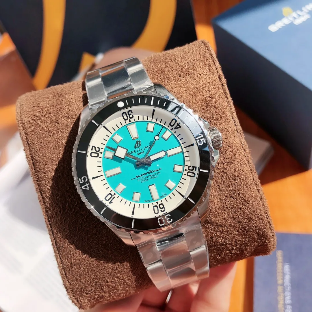StreetReady BLS Factory Breitling Superocean Watch with Turquoise Dial, Black Bezel, and Stainless Steel Bracele 2648