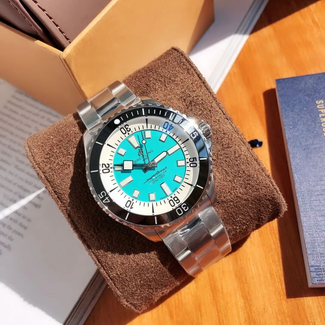 StreetReady BLS Factory Breitling Superocean Watch with Turquoise Dial, Black Bezel, and Stainless Steel Bracele 2648
