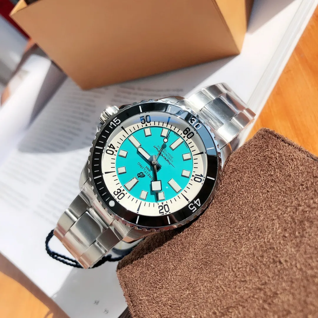 StreetReady BLS Factory Breitling Superocean Watch with Turquoise Dial, Black Bezel, and Stainless Steel Bracele 2648