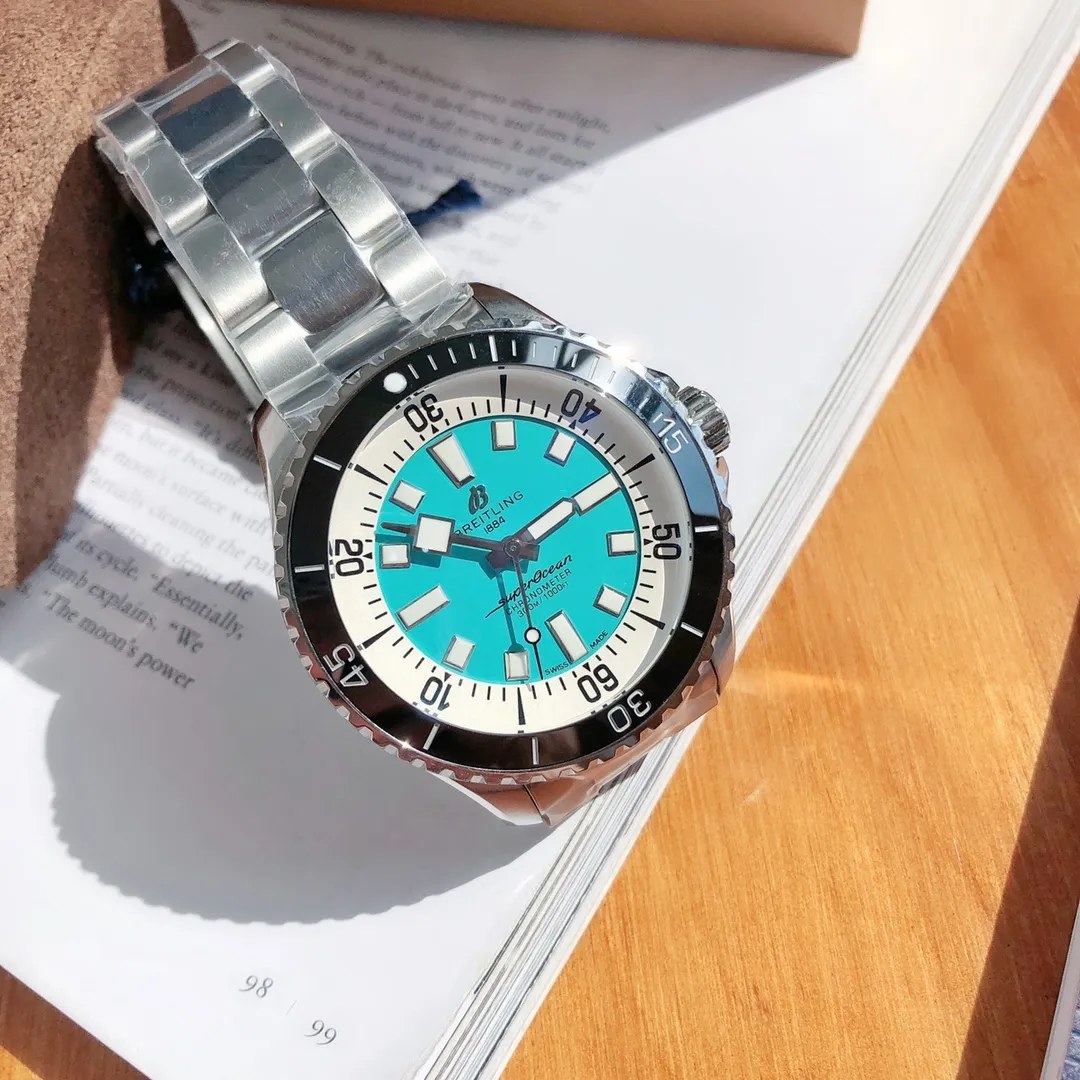 StreetReady BLS Factory Breitling Superocean Watch with Turquoise Dial, Black Bezel, and Stainless Steel Bracele 2648