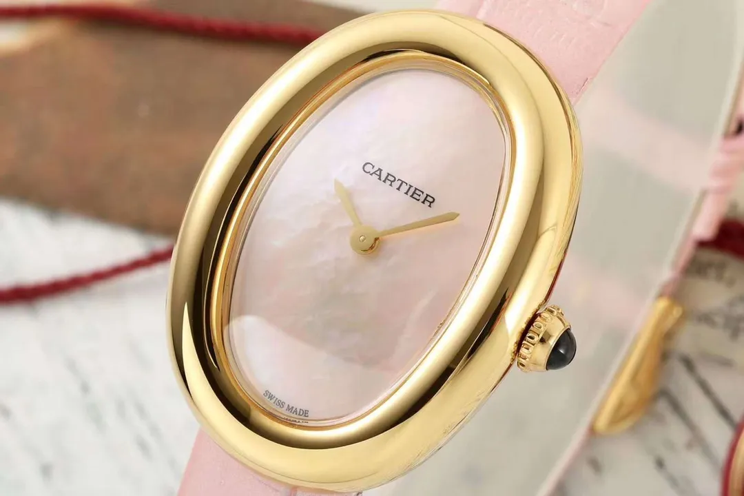 AF Factory Cartier Baignoire Oval Pink Mother-of-Pearl Dial Yellow Gold Case Pink Leather Strap Women’s Luxury Watch FreshLook 5425