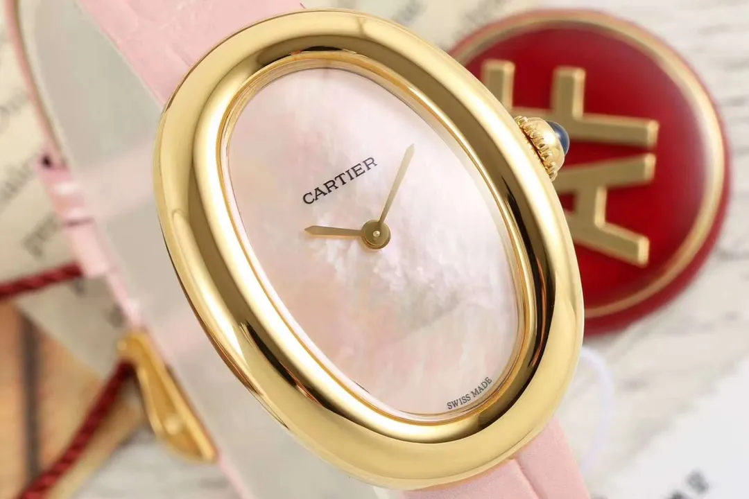 AF Factory Cartier Baignoire Oval Pink Mother-of-Pearl Dial Yellow Gold Case Pink Leather Strap Women’s Luxury Watch FreshLook 5425