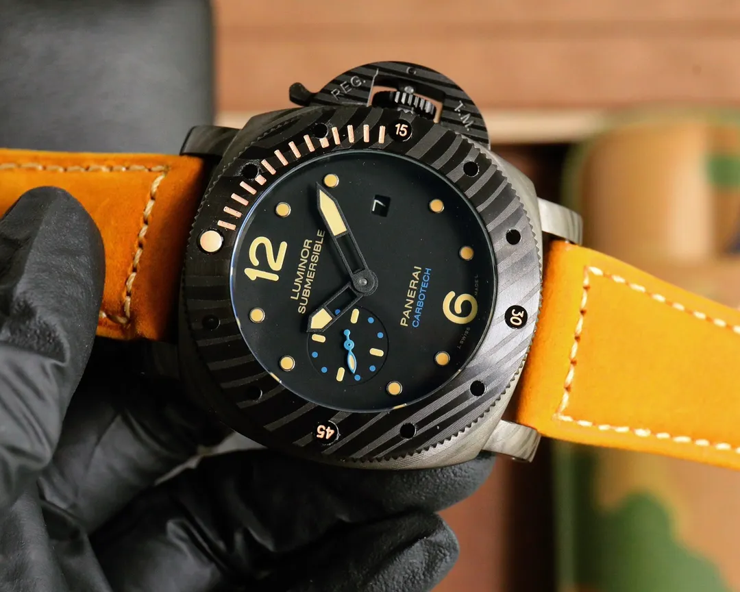 Panerai Luminor Submersible Black Ceramic Case Automatic Dive Watch with Orange Suede Strap Neat 820