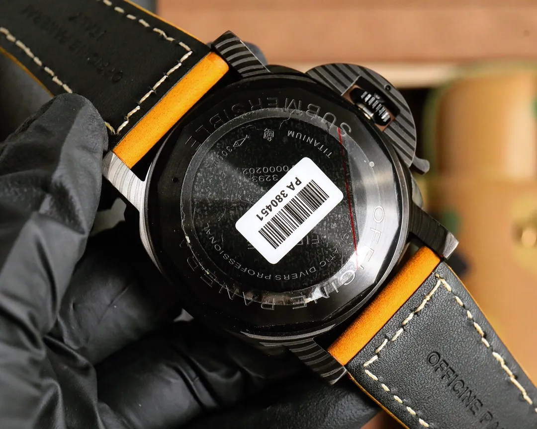 Panerai Luminor Submersible Black Ceramic Case Automatic Dive Watch with Orange Suede Strap Neat 820