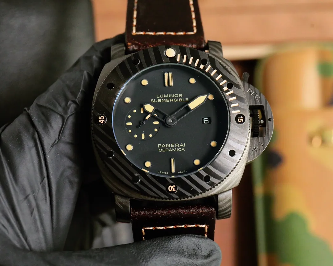 Panerai Luminor Submersible Black Ceramic Case Automatic Dive Watch with Orange Suede Strap Neat 820