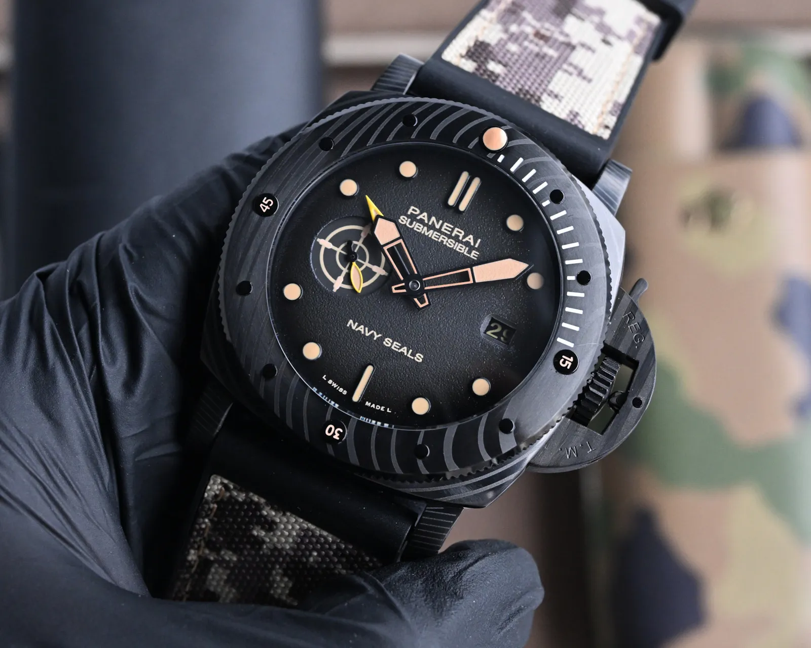 QuickDry VS Factory Panerai Submersible Navy Seals Edition Black Ceramic Case with Camouflage Rubber Strap Automatic Men’s Diver Watch 797