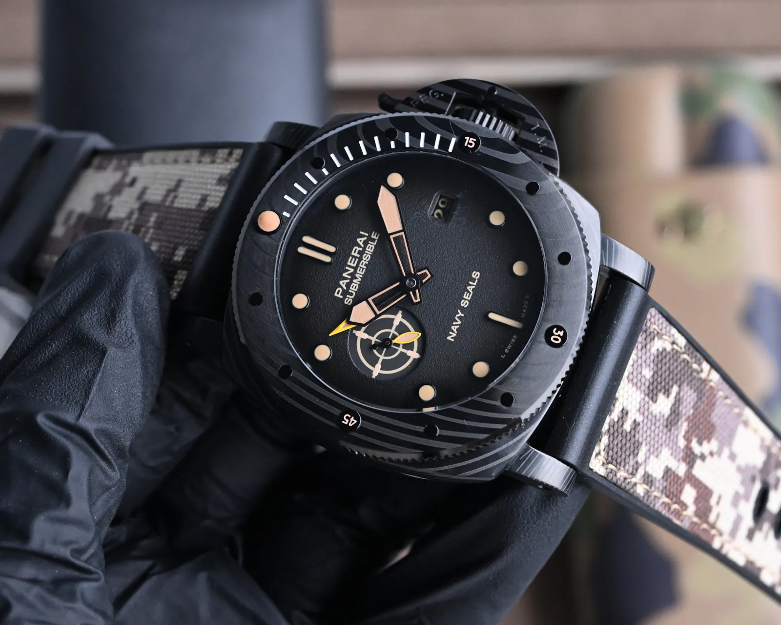 QuickDry VS Factory Panerai Submersible Navy Seals Edition Black Ceramic Case with Camouflage Rubber Strap Automatic Men’s Diver Watch 797