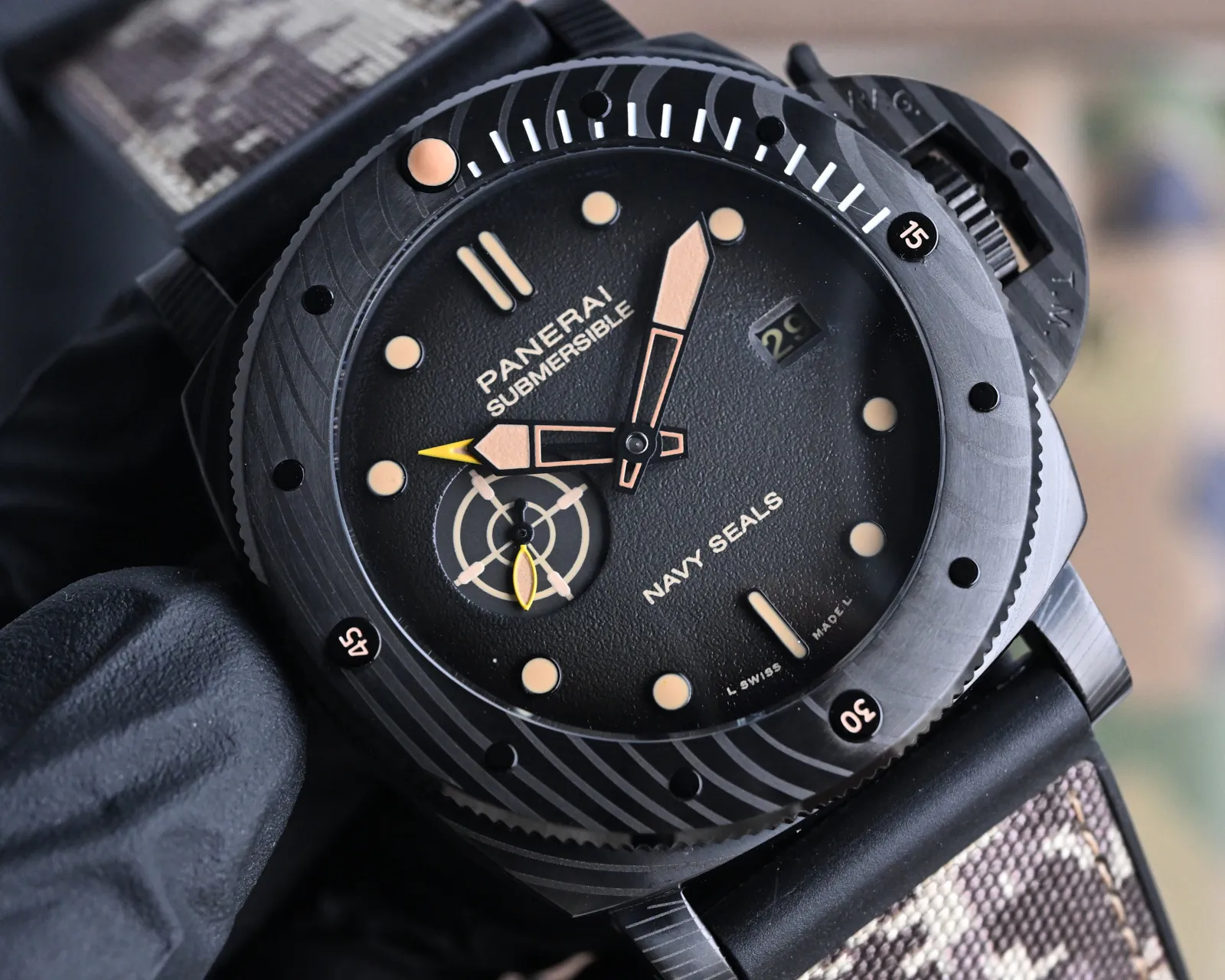 QuickDry VS Factory Panerai Submersible Navy Seals Edition Black Ceramic Case with Camouflage Rubber Strap Automatic Men’s Diver Watch 797