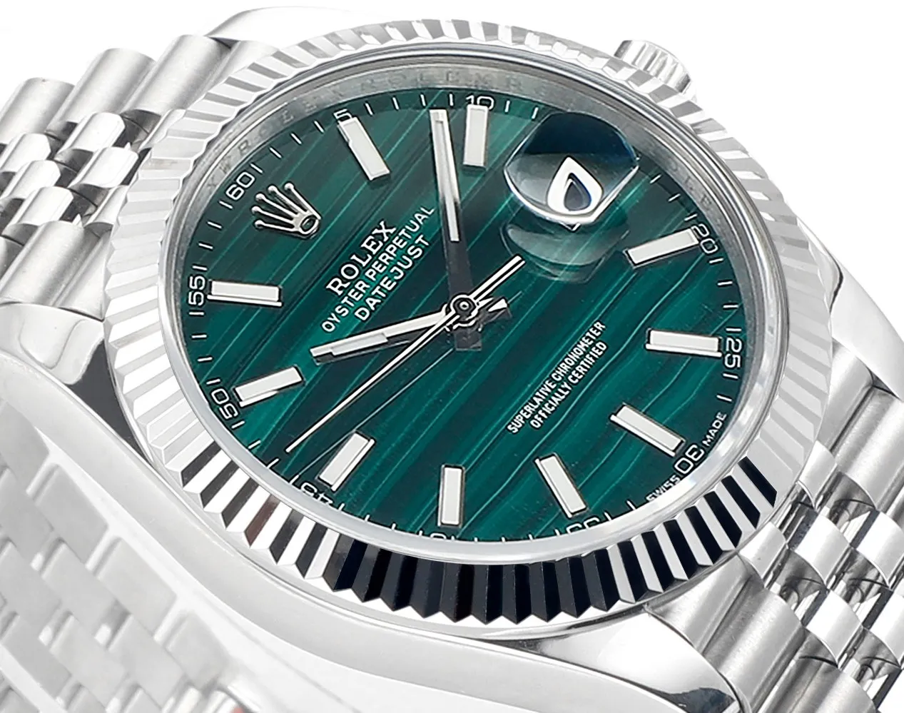 WeatherProof VS Factory Rolex Datejust 41mm Green Striped Dial Fluted Bezel Jubilee Bracelet Stainless Steel Watch 4425