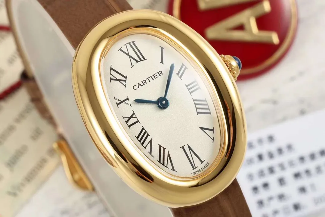 AF Factory Cartier Baignoire Oval Yellow Gold Women’s Watch with Brown Leather Strap and White Roman Numeral Dial Unique 5428