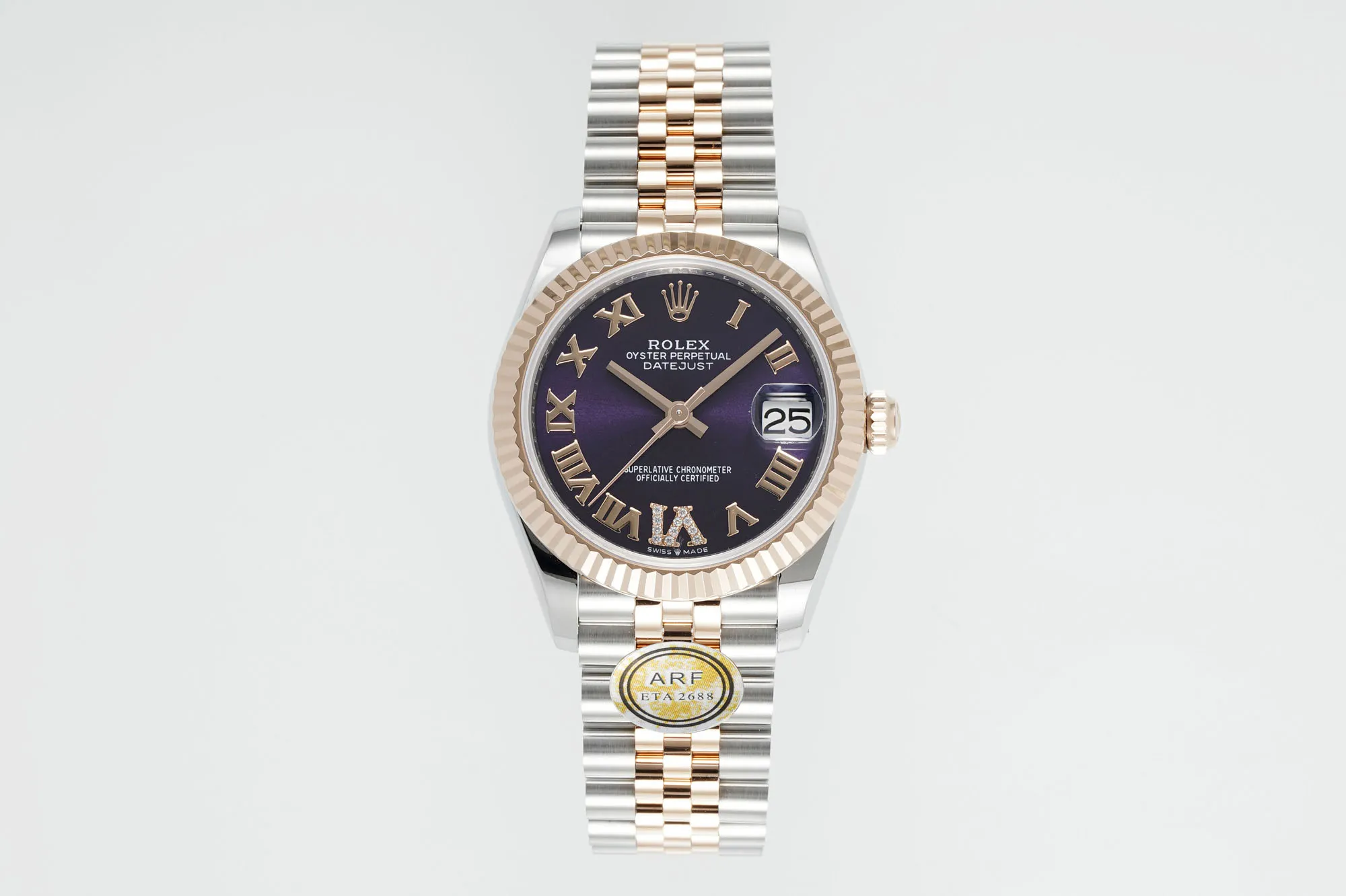 Original AR Factory Rolex Datejust 31mm Two-Tone Stainless Steel and 18K Everose Gold Aubergine Dial with Roman Numerals Jubilee Bracelet Watch 197