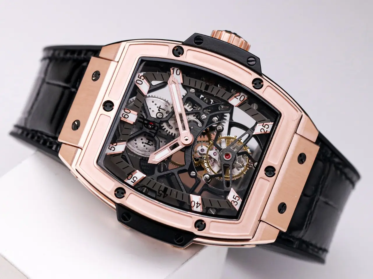 FreshLook ZF Factory Hublot Masterpiece 906 Rose Gold Platinum Plated Skeleton Tourbillon Watch with Black Leather Strap – Super Clone Excellence 1390