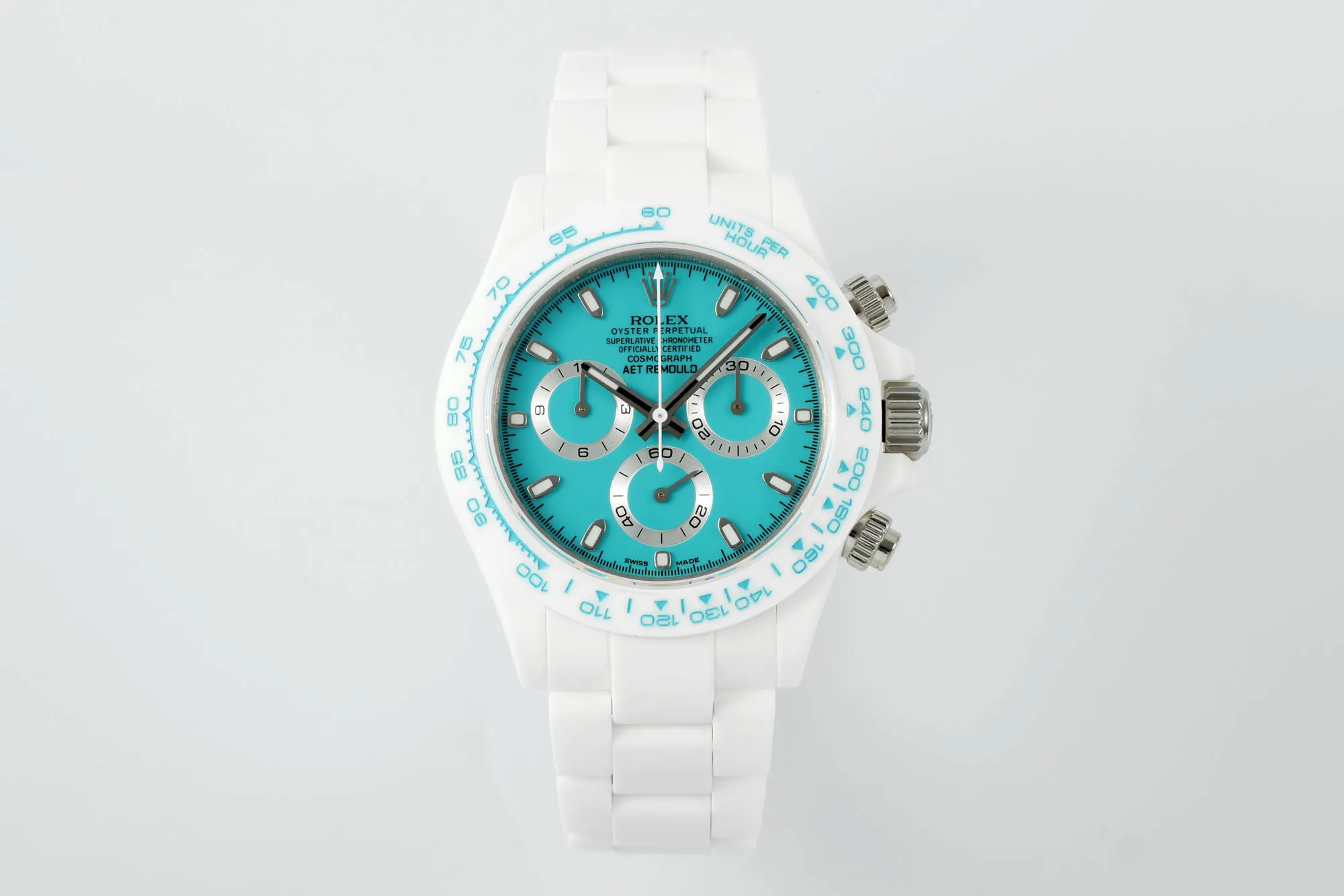 Rolex Daytona Ceramic Watch – White Strap, Turquoise Dial,  VSF Watches Design Colorful 52