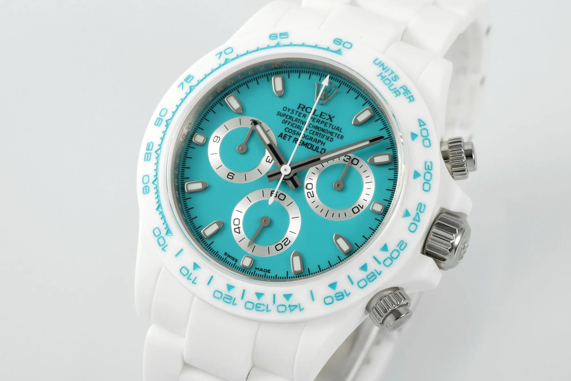 Rolex Daytona Ceramic Watch – White Strap, Turquoise Dial,  VSF Watches Design Colorful 52
