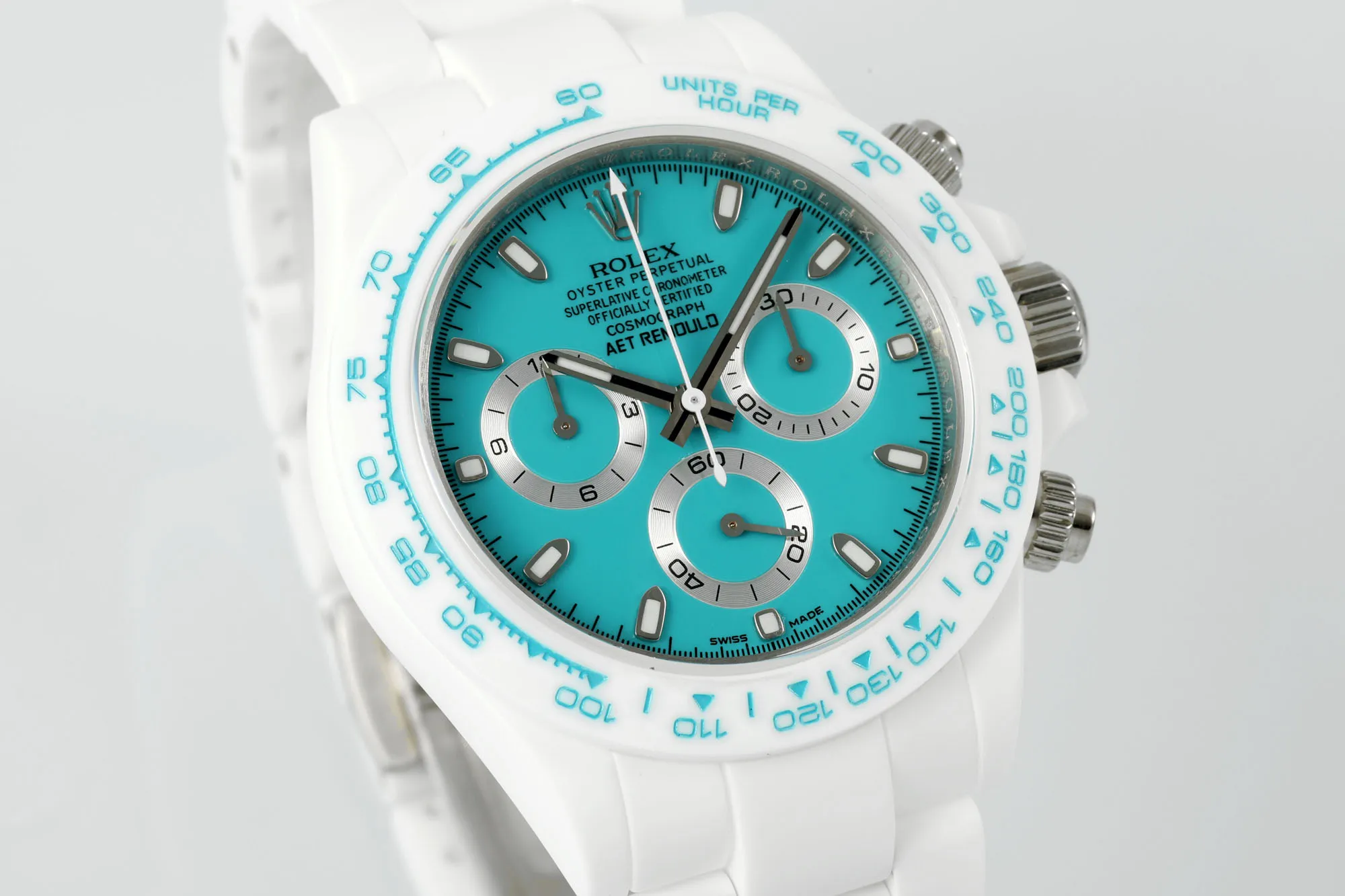 Rolex Daytona Ceramic Watch – White Strap, Turquoise Dial,  VSF Watches Design Colorful 52