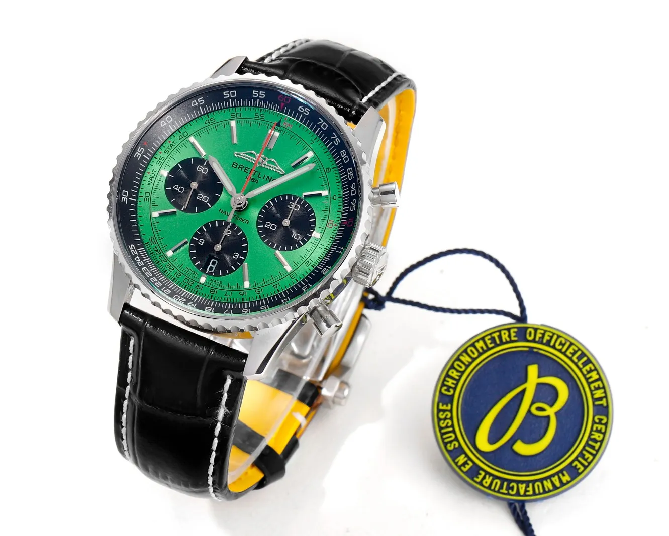 Packable BLS Factory Breitling Navitimer Chronograph Automatic Watch with Green Dial, Black Subdials, Silver 2393