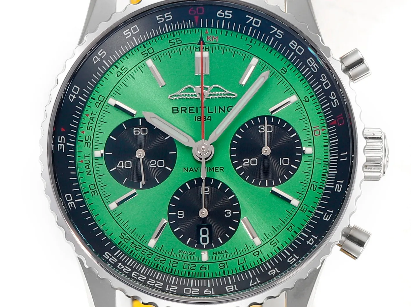 Packable BLS Factory Breitling Navitimer Chronograph Automatic Watch with Green Dial, Black Subdials, Silver 2393