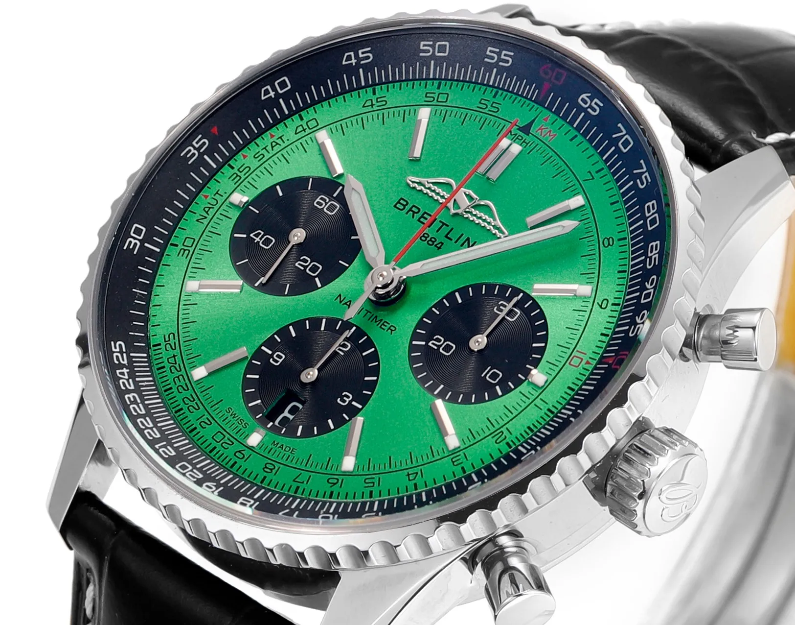 Packable BLS Factory Breitling Navitimer Chronograph Automatic Watch with Green Dial, Black Subdials, Silver 2393