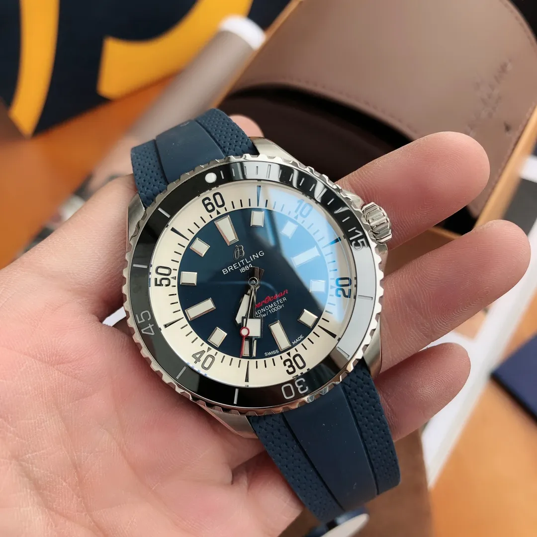 BLS Factory Breitling Superocean Automatic 42mm Blue Dial Men’s Diver Watch with Blue Rubber Strap OnTrend 2650
