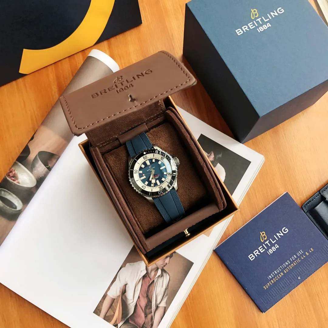 BLS Factory Breitling Superocean Automatic 42mm Blue Dial Men’s Diver Watch with Blue Rubber Strap OnTrend 2650